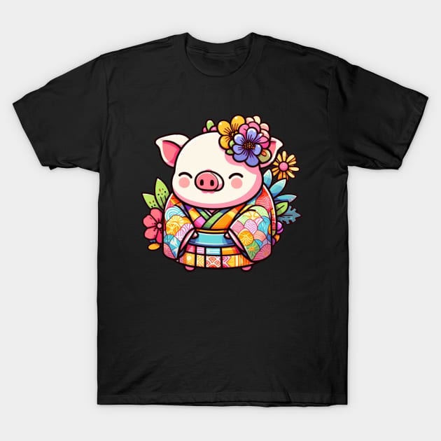 Japanese pig Otaku Floral T-Shirt by Japanese Fever